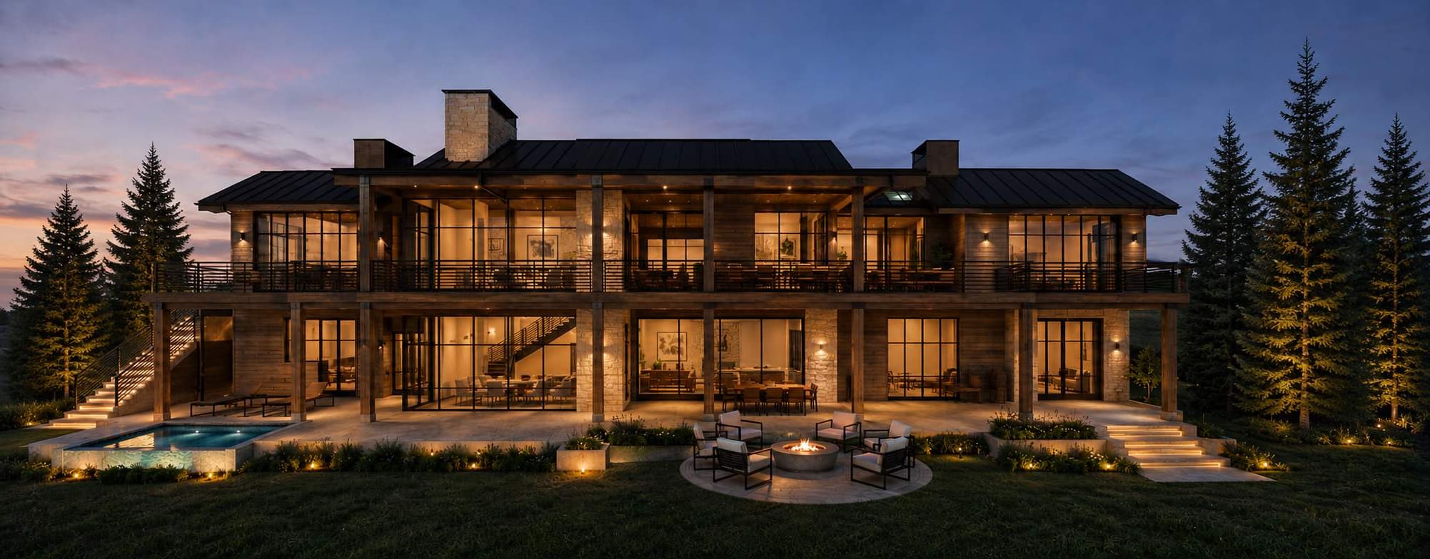 Territory 1889 Homesite EE-5 dusk rear elevation rendering in Lakeside, Montana
