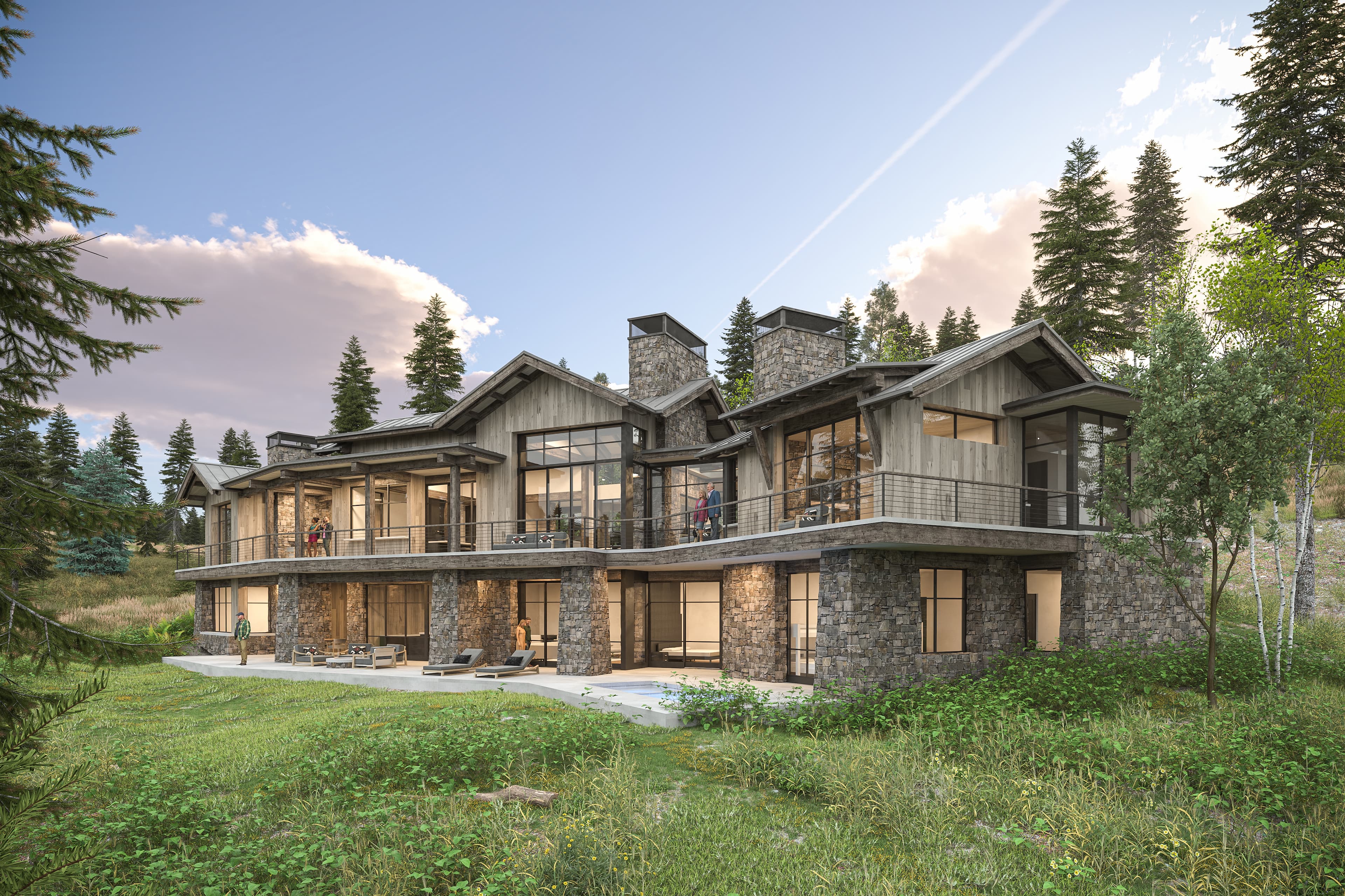 Angled woodland exterior rendering of a future Armstrong custom home in Montana